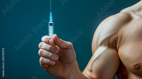 A muscular arm holding a syringe, symbolizing the controversial use of performance-enhancing drugs (PEDs) and anabolic steroids, set against a dark blue background for cautionary awareness