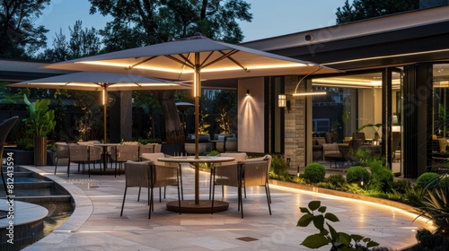 A large garden umbrella the terrace of an outdoor dining area in front of a modern home