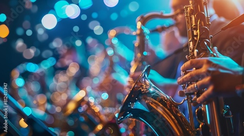 Represent a jazz concert hall filled with the sounds of a big band, featuring brass, woodwinds, and percussion in a dynamic ensemble performance
