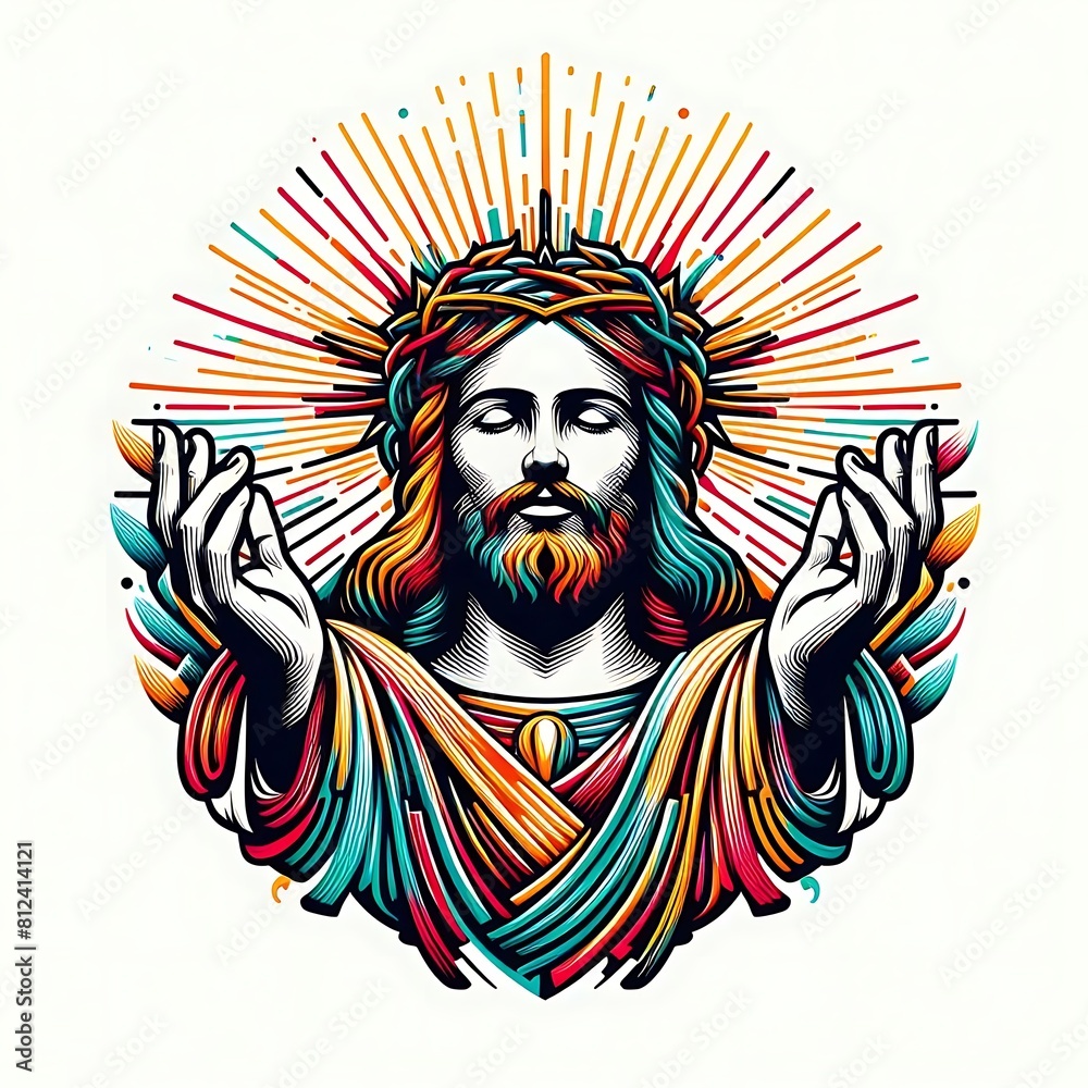 A colorful drawing of a jesus christ with his hands in the air harmony lively used for printing card design illustrator.