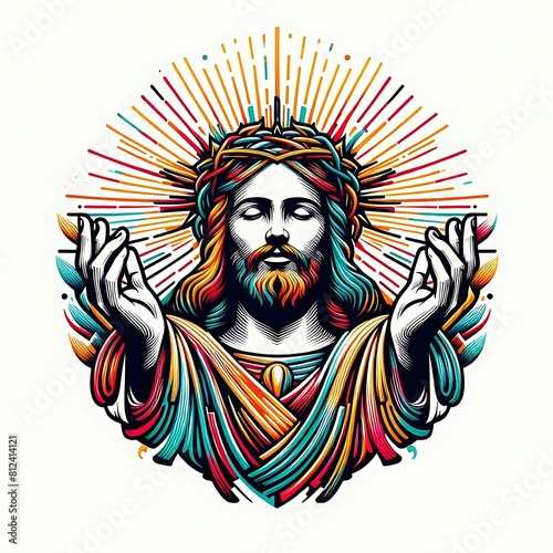 A colorful drawing of a jesus christ with his hands in the air harmony lively used for printing card design illustrator.