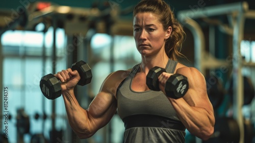 A muscular woman lifts weights in a gym. She is wearing a gray tank top and black shorts. She has her hair in a ponytail and is looking at the camera with a determined expression. © Sittipol 
