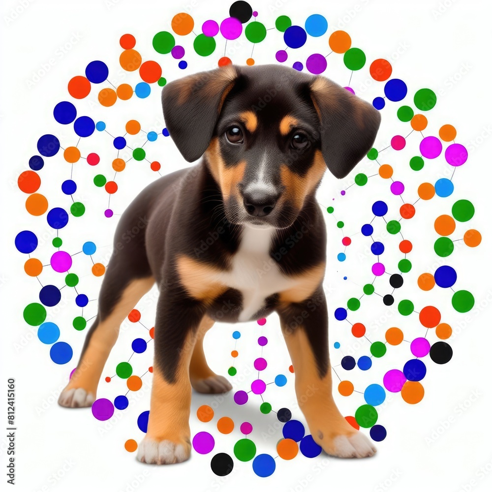 A dog standing in front of colorful circles image realistic has illustrative meaning illustrator.