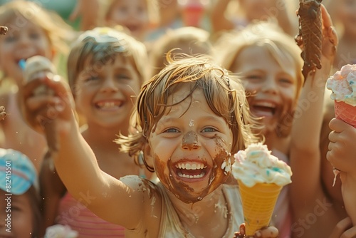 crowd of happy children with ice cream  dirty faces