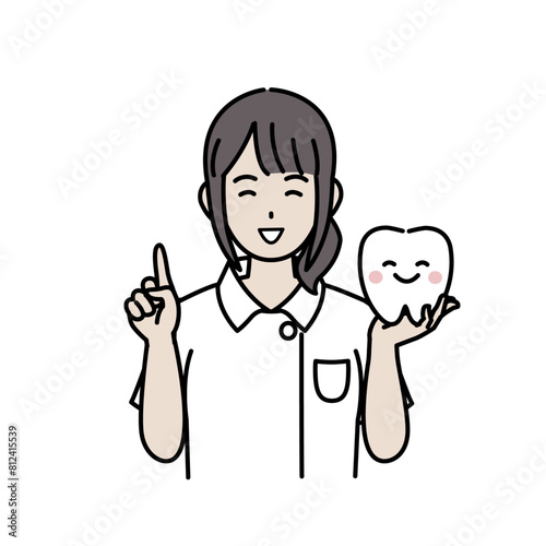 歯について説明する歯医者、歯科衛生士の女性のイラスト