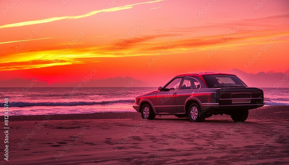 car on the beach, car on the beach sunset car parked on the beach with beautiful vibrant red sunset sky, summer road trip travel