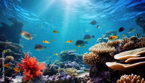 Tropical fish in the underwater, coral reef, amazing underwater life, various fish and exotic coral reefs, ocean wild creatures background