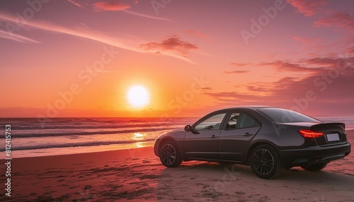car on the beach, car on the beach sunset car parked on the beach with beautiful vibrant red sunset sky, summer road trip travel © FatimaBaloch