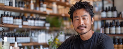 Confident mature East Asian man standing in an apothecary shop, surrounded by organic products on shelves photo
