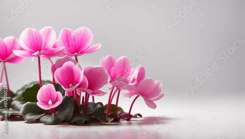 pink cyclamen flowers with green leaves on a white background photo