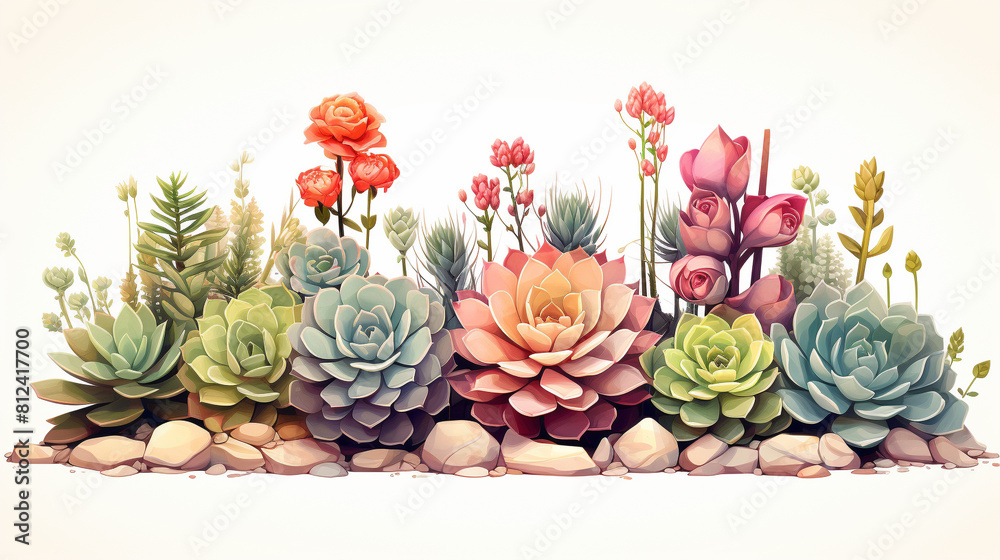Fototapeta premium Succulent flat design side view botanical theme water color Analogous Color Scheme