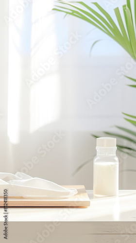 background consisting of a green fern leaf  a white board on the table