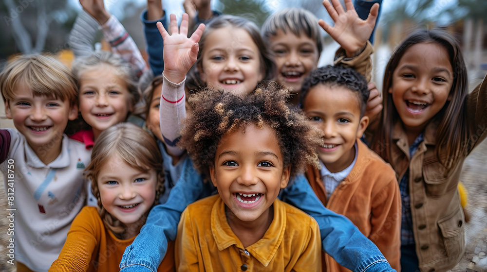 A broad group of cheerful, pleasant, and happy multiethnic children.