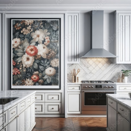 A kitchen have mockup poster empty white with a large painting on the wall image attractive lively has illustrative meaning.