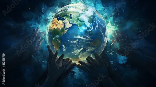 A digital painting of Earth with hands joined together in solidarity for environmental protection for Earth Day.