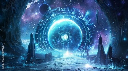 mysterious alien galxy portal cyber punk city abbonden with stars and planets.