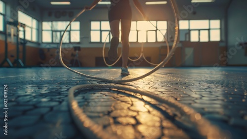  A person practicing jump rope exercises in a spacious gym, with the rope whirling around them in a blur of motion. . 
 photo