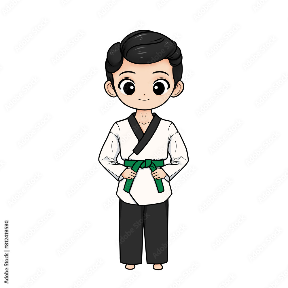 illustration of taekwondo poomsae boy with green belt and transparent background