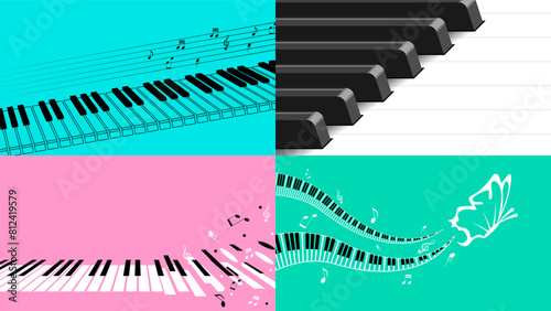 Set Abstract Collection Piano Keys Music Keyboard Instrument With Plants Brunch Botanical Doodle Outline Melt Song Melody Vector Design Style