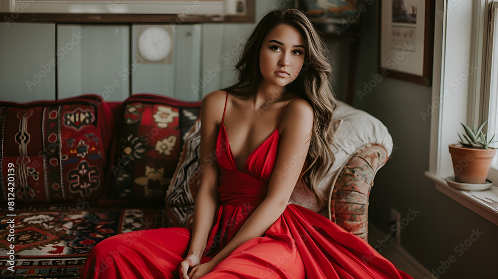 Fototapeta premium In her crimson gown at home, the senior in high school
