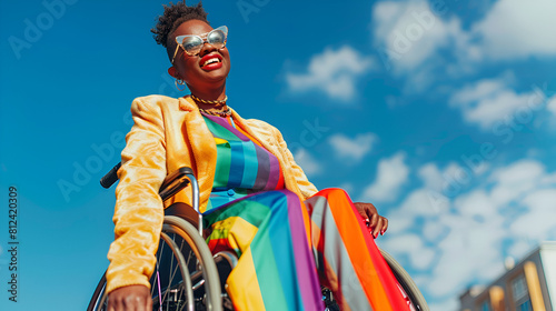 woman gay diveristy representation american in rainbow african outfit disabled disability happy inclusion fashionable lgbtq pride wearing workplace wheelchair black copy ethnic space photo