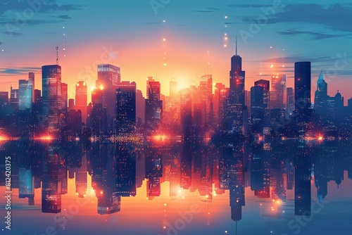 A graphic visual of a cityscape at dusk  where the buildings shadows are painted with light from integrated solar lights