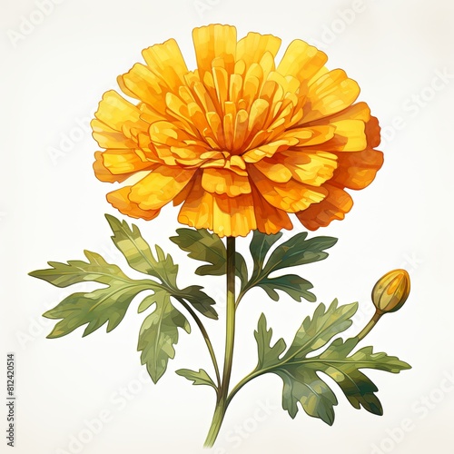 A single yellow marigold flower in full bloom with a closed bud on a long green stem with green leaves against a white background. photo