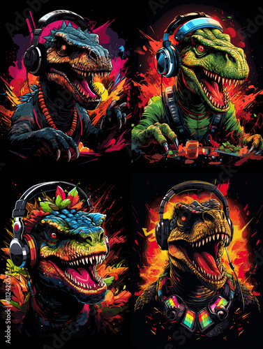 Vibrant dinosaurs as DJs with headphones and colorful outfits, mixing music in explosive party scenes. A playful fusion of prehistoric power and modern club culture energy.

