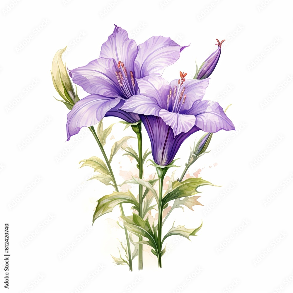 A watercolor painting of two purple flowers with green leaves on a white background. A watercolor painting of two purple flowers with green leaves on a white background.