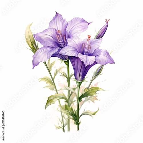 A watercolor painting of two purple flowers with green leaves on a white background.