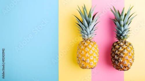 Top view of pineapple on pastel background, banner style, copy space, isolated