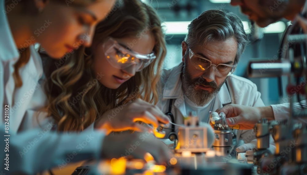 A group of students and their professor testing a newly built satellite in a university lab A group of students and their professor testing a newly built satellite in a university lab