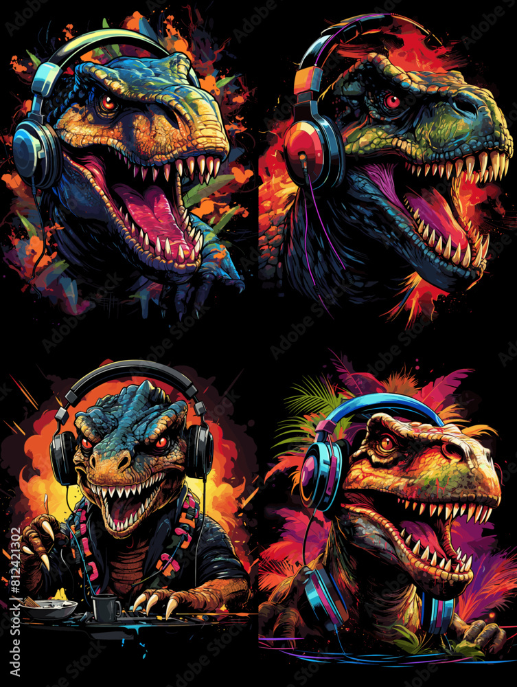 Obraz premium Colorful dinosaurs wearing headphones and DJ gear, roaring with energy in a vibrant, neon-inspired party vibe. Fun and surreal mashup of prehistoric creatures and music culture.