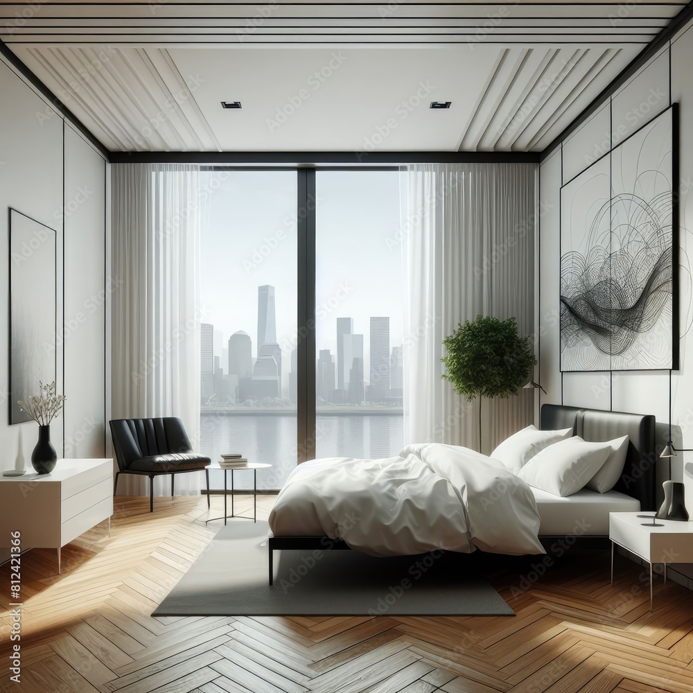 Bedroom sets have template mockup poster empty white with a large window overlooking a city image art realistic photo has illustrative meaning.