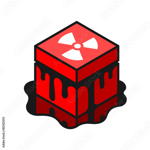 A red cube box with a nuclear symbol on it is leaking a black liquid on the ground. Representing danger and caution.