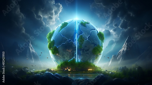 A digital painting of Earth surrounded by a shield of renewable energy sources for Earth Day.