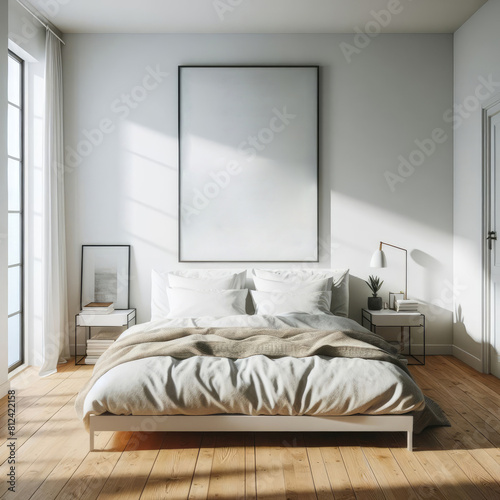 Bedroom sets have template mockup poster empty white with Bedroom interior and desk and pictures on the wall art realistic photo harmony used for printing.