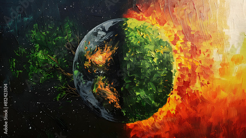 Fototapeta Naklejka Na Ścianę i Meble -  abstract painting planet earth on fire from environment problem and global warming half green with tree half dead from fire