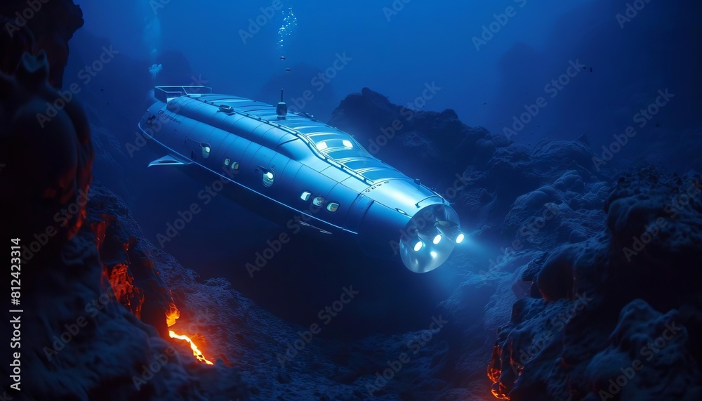 A hightech submarine designed for deepsea plastic removal, shown near an underwater volcanic area