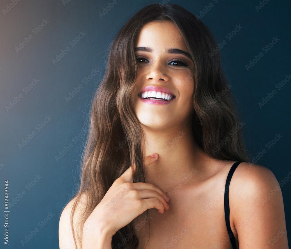 Woman, studio and happy beauty or portrait, natural makeup and smile for cosmetic wellness on background. Glow, self love model and dermatology for skincare, mockup and female person on backdrop Woman, studio and happy beauty or portrait, natural makeup and smile for cosmetic wellness on background. Glow, self love model and dermatology for skincare, mockup and female person on backdrop