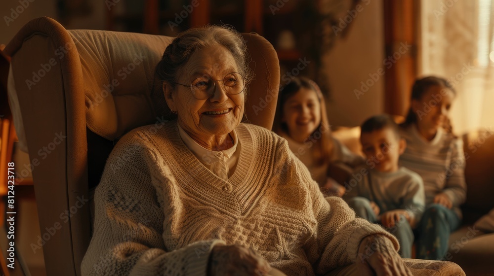 The picture of the grandmother sitting in the chair, knitting the cloth with the warm smile with children family, the knitting require skills like concentration, knitting skills and patience. AIG43.