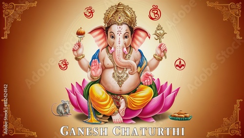 Illustration of Lord Ganpati or Ganesha in single line art for Ganesh Chaturthi festival. Generative Ai. photo