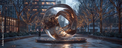 A kinetic wind sculpture in an urban plaza, moving fluidly with the wind, captivating city dwellers photo
