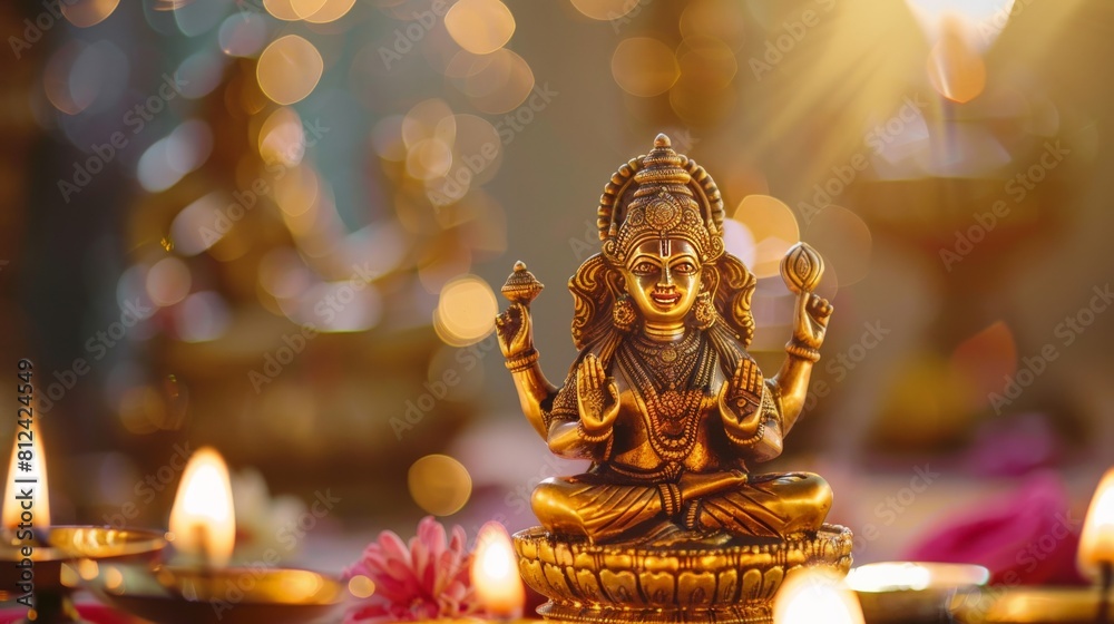 A golden figurine of Lakshmi placed on an altar during a festive Hindu ritual, emphasizing her role in spiritual practices