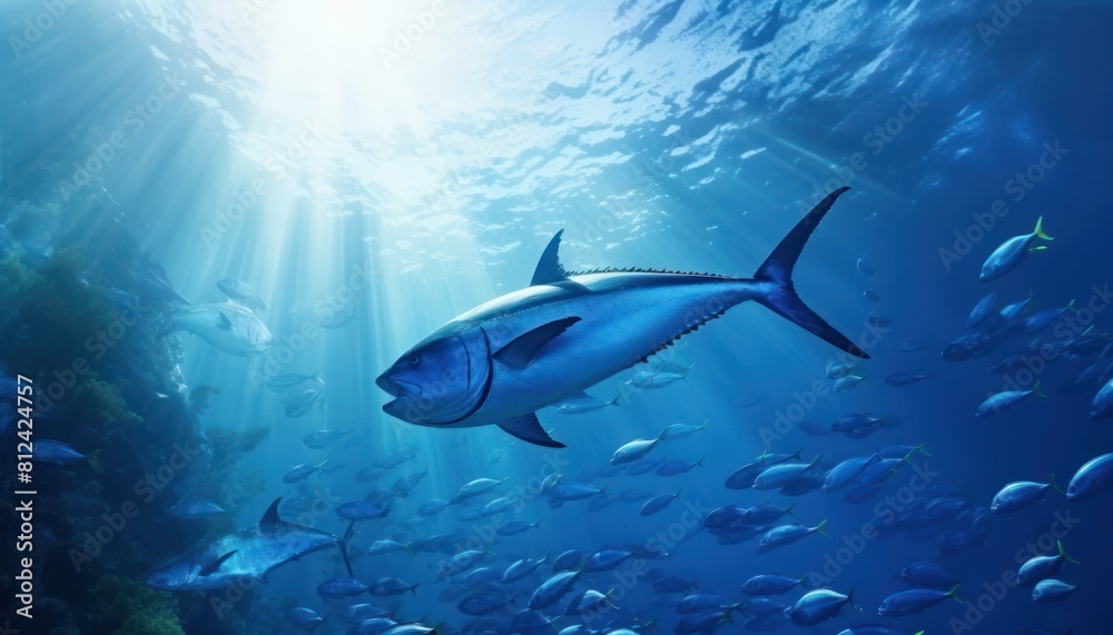 Fototapeta premium Groups of giant Tuna fish in the underwater, coral reef, amazing underwater life, various fish and exotic coral reefs, ocean wild creatures background