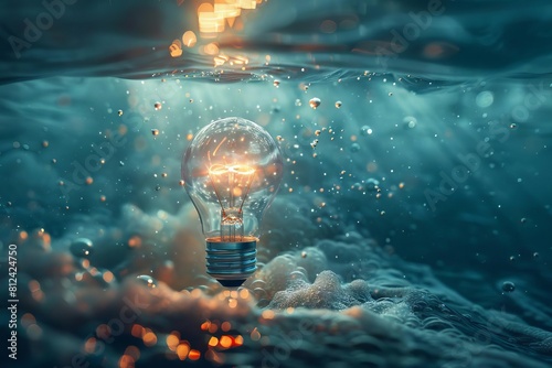 A light bulb floating on the ocean, its light attracting mystical sea creatures