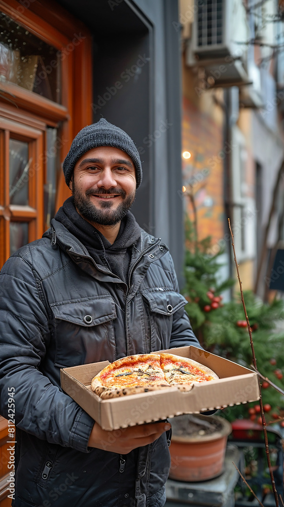 A vertical mobile add banner photo of handsome delivery guy with a cap holding an empty unbranded box and smiling Infront of camera in a sunny day A vertical mobile add banner photo of handsome delivery guy with a cap holding an empty unbranded box and smiling Infront of camera in a sunny day