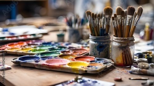 Close-up, selective focus of watercolor paints and paintbrushes on a table in a workshop.