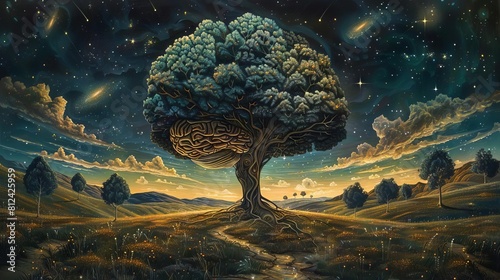 A magical realism painting of a brain rooted like a tree in a lush, gearfilled meadow under a starlit sky