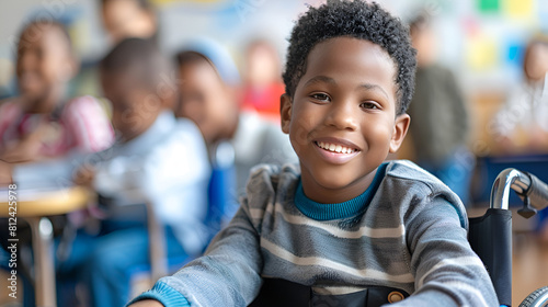 a of education in a inclusive happy diverse classroom with disability child boy young american professional school smiling in teaching black the wheelchair african disabled children portrait